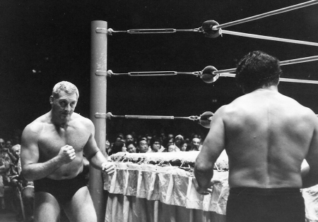 Karl Gotch squares off against Rocky Montero